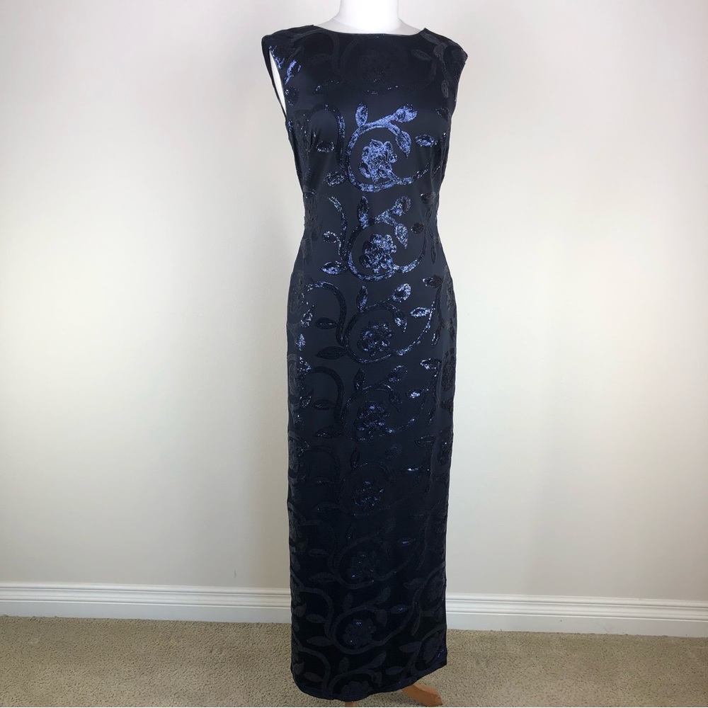 Lauren By Ralph Lauren Size 8 Evening Long Gown Navy Blue Floral Beads